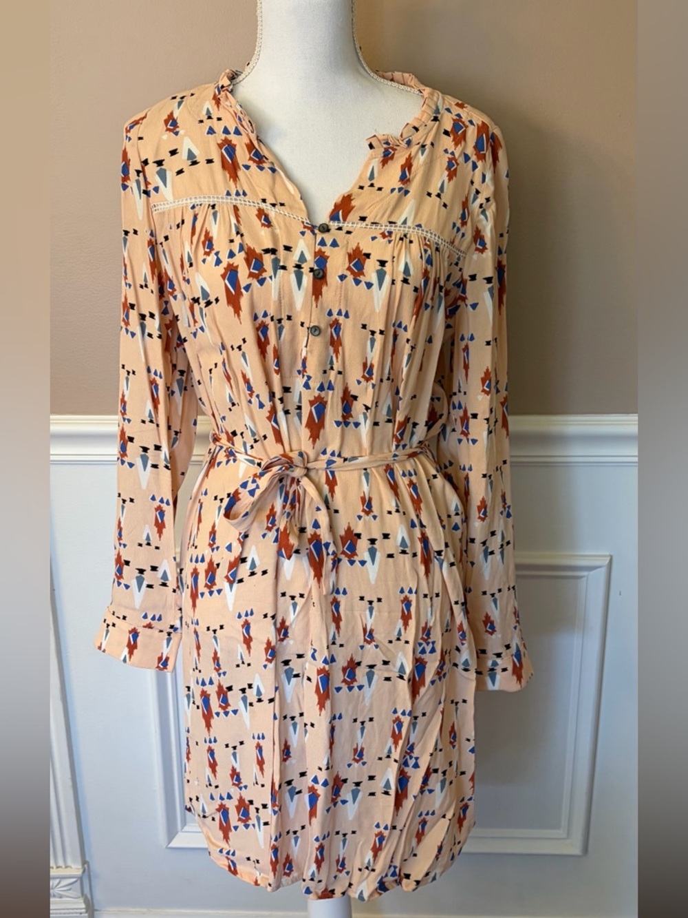 dolan Peach Multicolor Printed Long-Sleeve Tie-Waist Dress